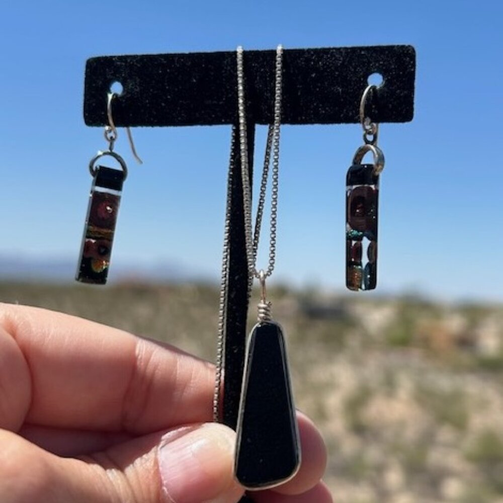 925 Silver Dichroic Glass Rainbow Purple Pendant Necklace Earrings SET - Picture 4 of 6